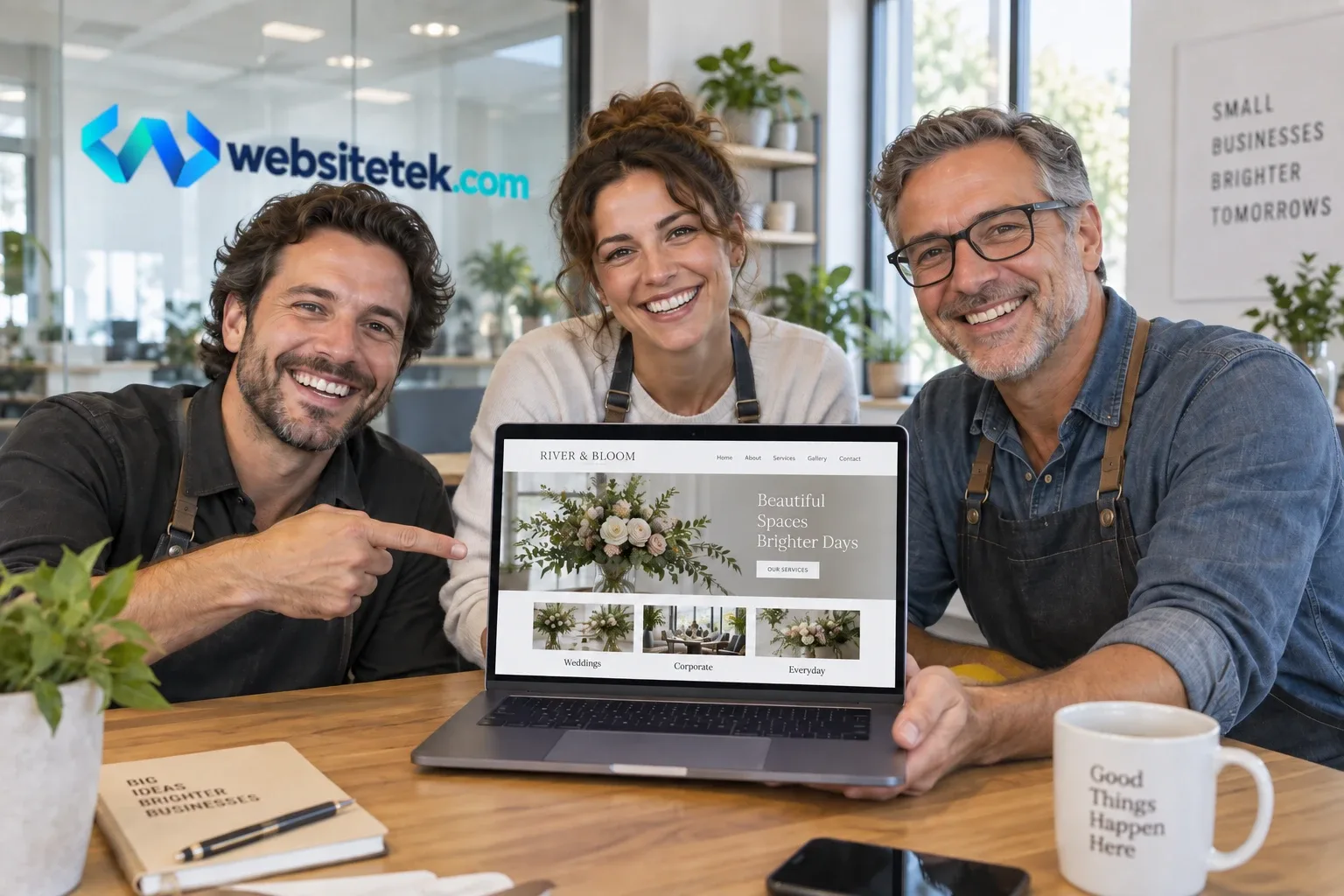 Three smiling business owners in aprons showing their new florist website on a laptop.