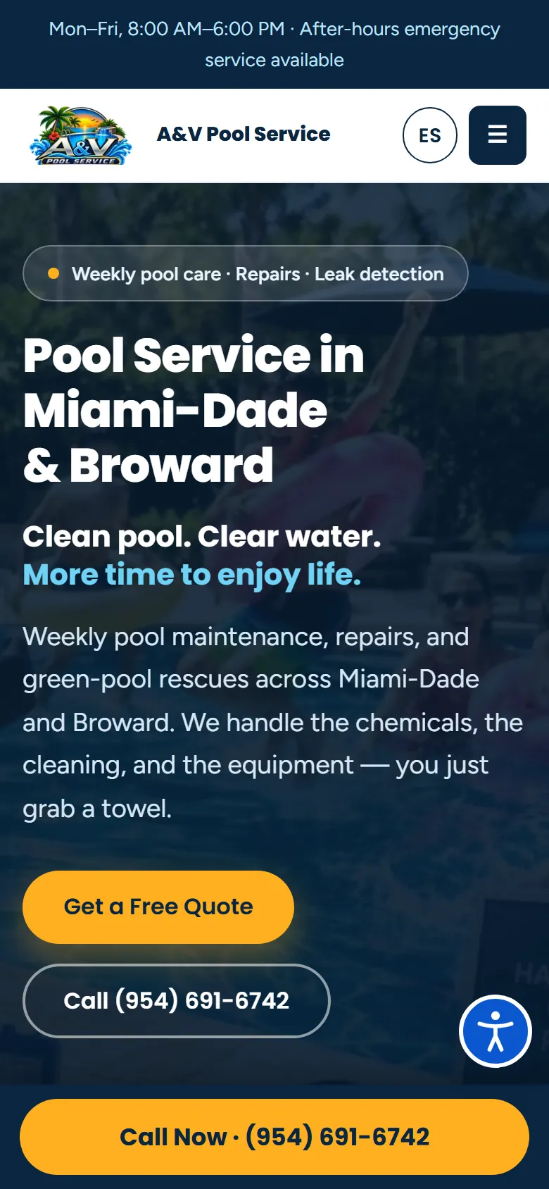 The A&V Pool Service home page on a phone