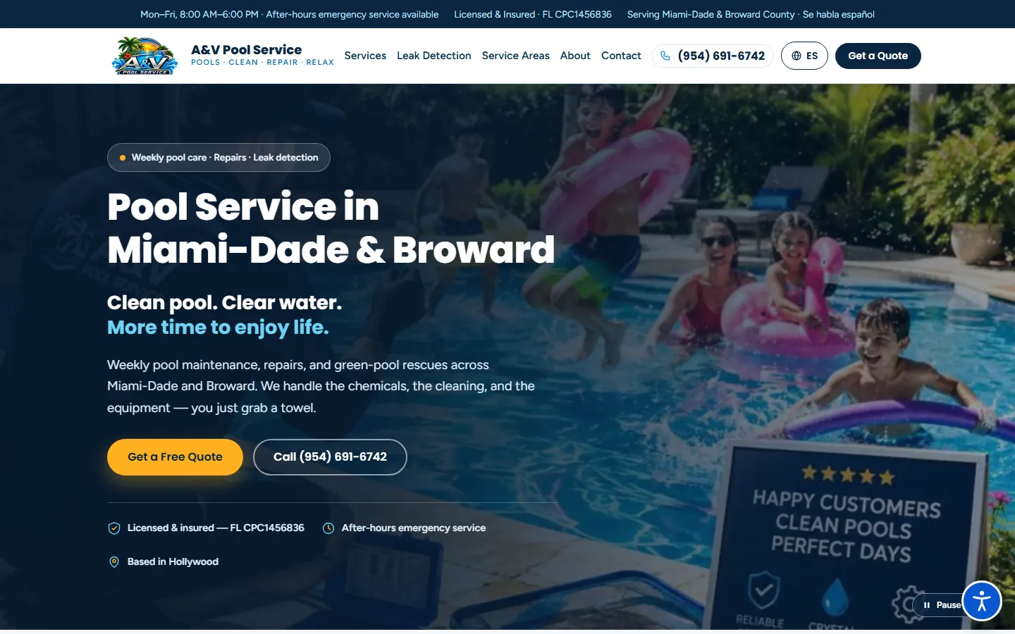 Home page of the A&V Pool Service website (Pool service), designed and built by WebsiteTek