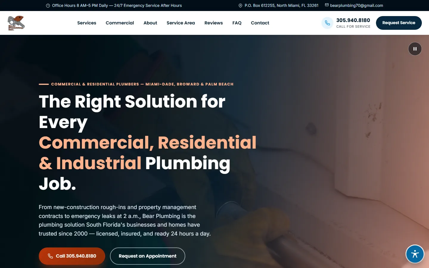 Home page of the Bear Plumbing website (Plumbing), designed and built by WebsiteTek