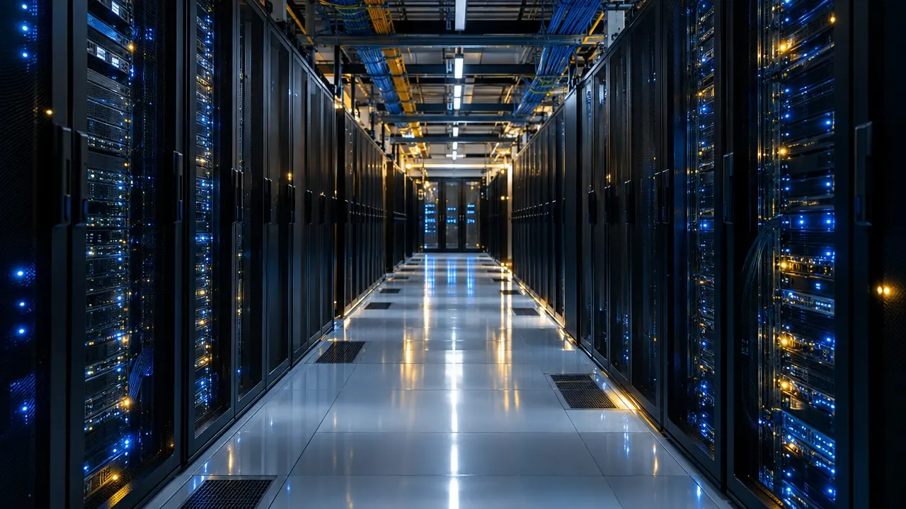 Rows of server racks with blue status lights in a modern data center aisle