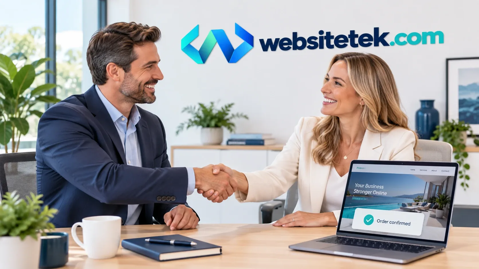A WebsiteTek client shaking hands with a smiling business owner, with an order confirmed message on the laptop between them.