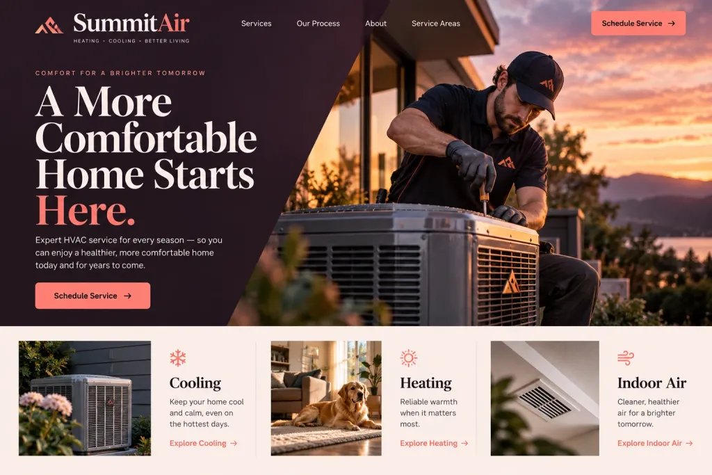 Fictional hvac contractors website homepage design concept