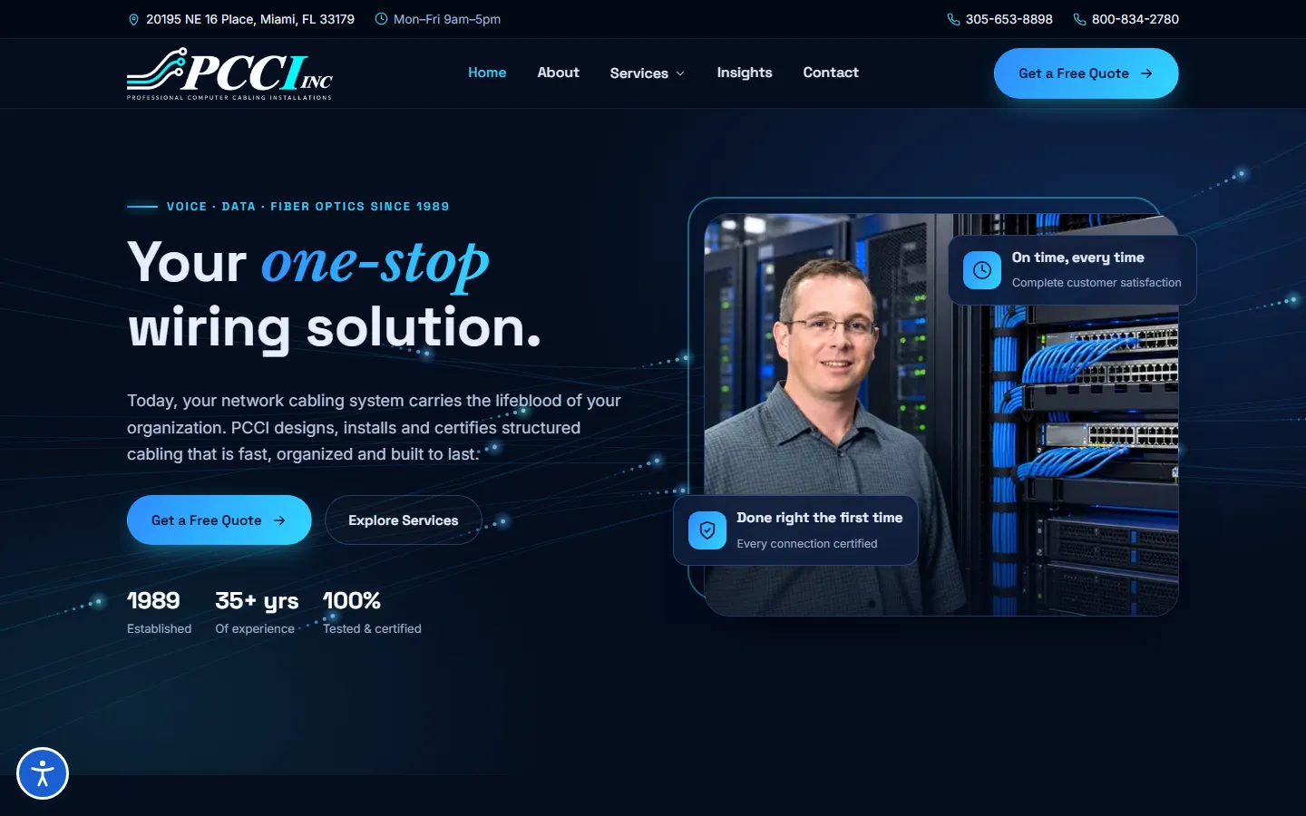 Home page of the PCCI Inc. website (Network cabling), designed and built by WebsiteTek
