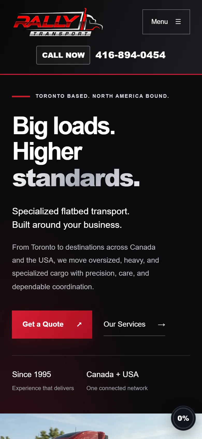 The Rally Transportation Services home page on a phone