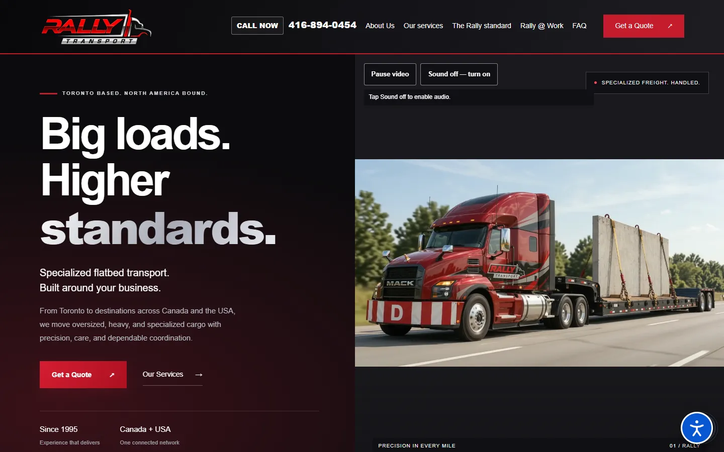 Home page of the Rally Transportation Services website (Flatbed & heavy haul), designed and built by WebsiteTek
