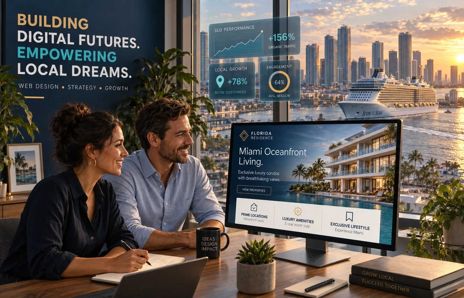 Two people at a desk reviewing a Miami website design, with SEO growth charts, the Miami skyline, and a cruise ship at sunset behind them.