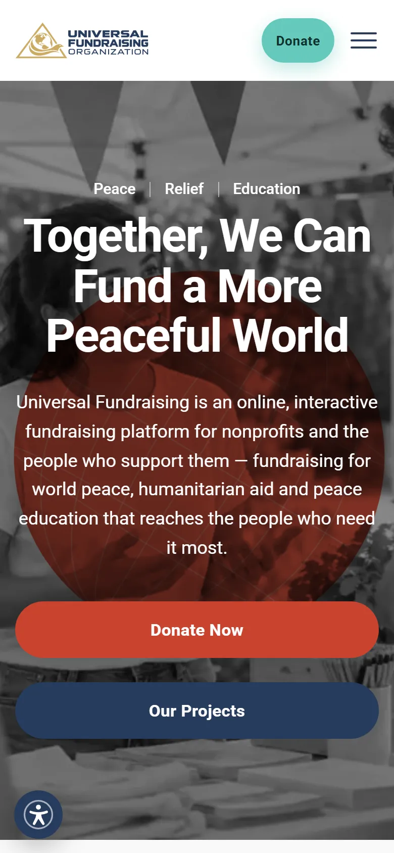 The Universal Fundraising home page on a phone